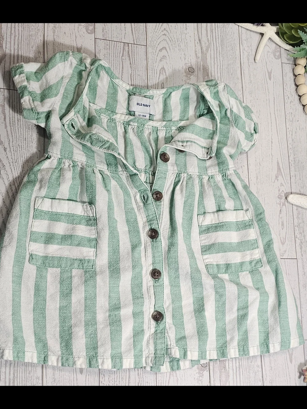 Old Navy Mint Green and White Striped Button-Front Kids Dress 12-18 Months
